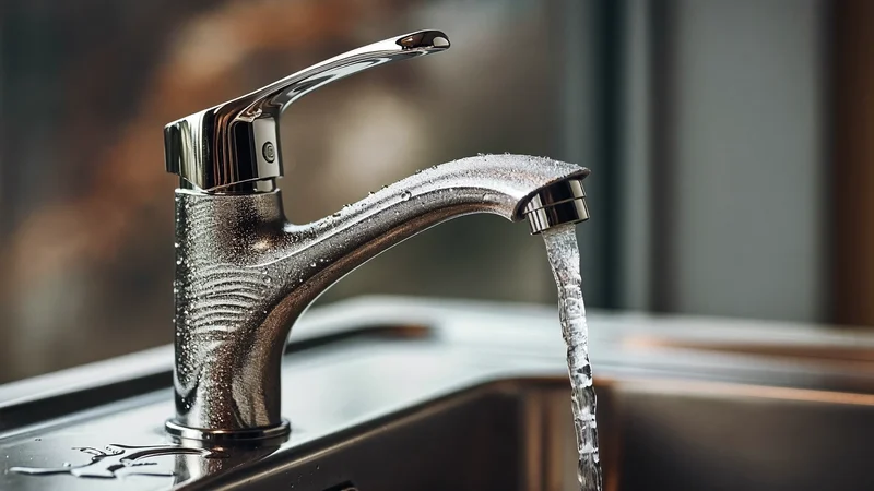 Baterie de bucătărie monocomandă cromată deasupra unei chiuvete inox, cu jet de apă